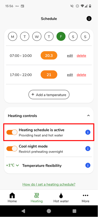 Heating Screen Hot Water Only